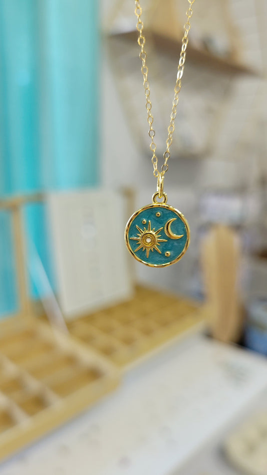 Teal Sunburst Pendant with 14k gold-filled chain Destin, Florida Charm Bar Necklace