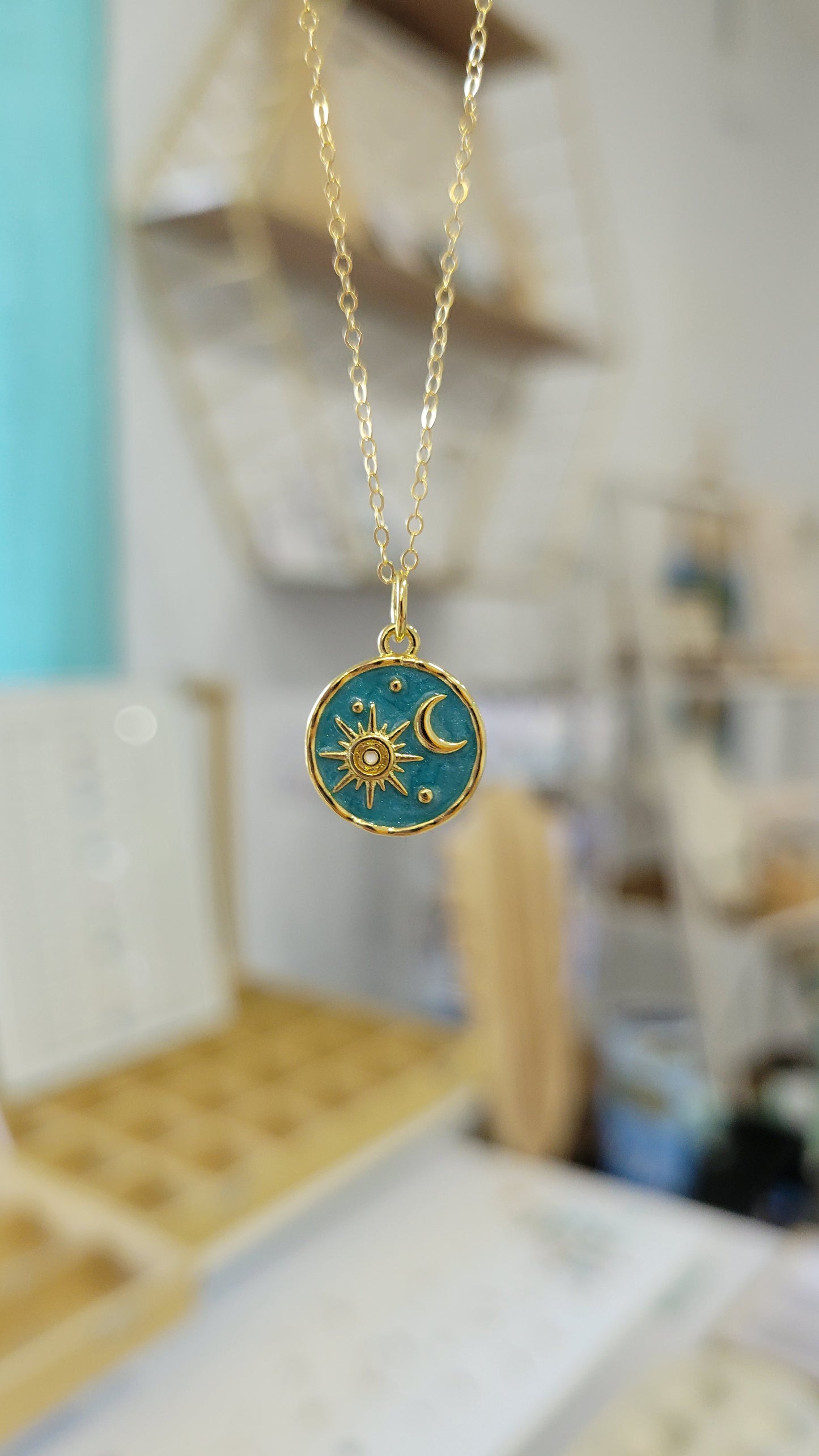 Teal Sunburst Pendant with 14k gold-filled chain Destin, Florida Charm Bar Necklace