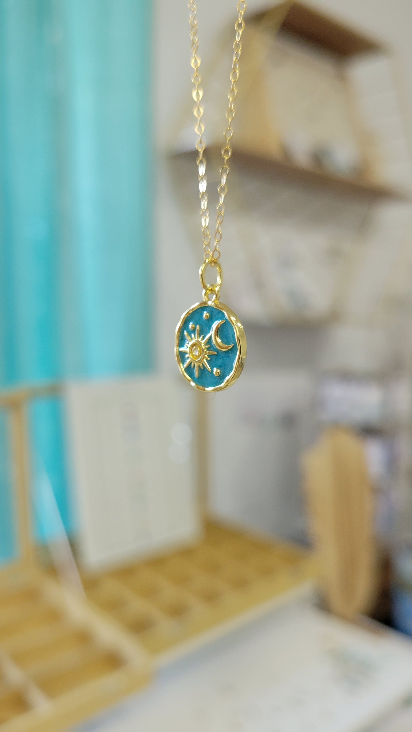 Teal Sunburst Pendant with 14k gold-filled chain Destin, Florida Charm Bar Necklace