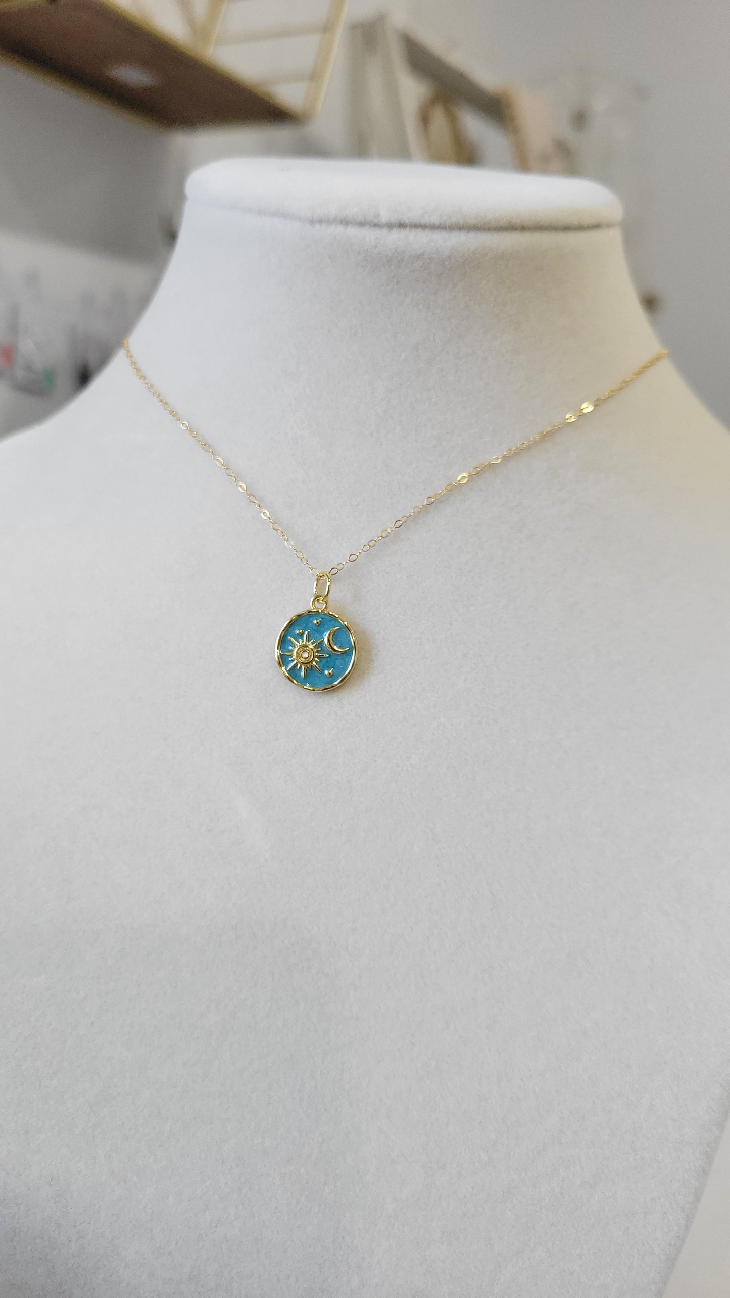 Teal Sunburst Pendant with 14k gold-filled chain Destin, Florida Charm Bar Necklace